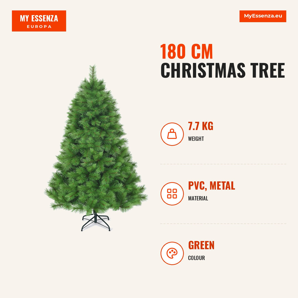 Árvore de Natal 180 cm com 586 ramos em PVC verde e base metálica estável — Infografia | Infographic — dimensions
