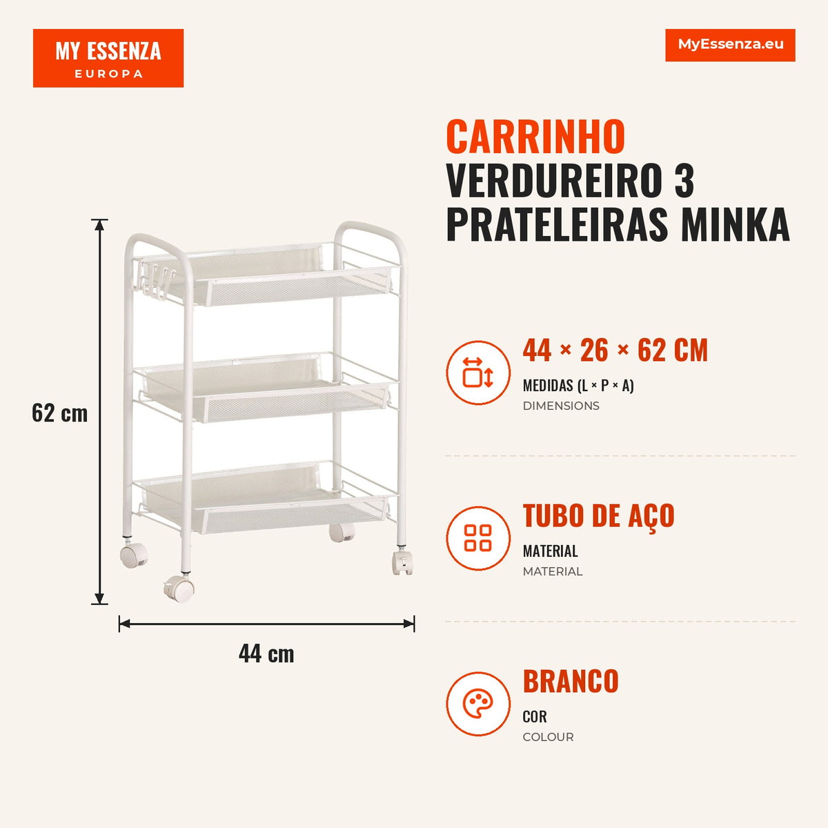 Carrinho Verdureiro 3 Prateleiras Minka — Branco — Infografia — medidas