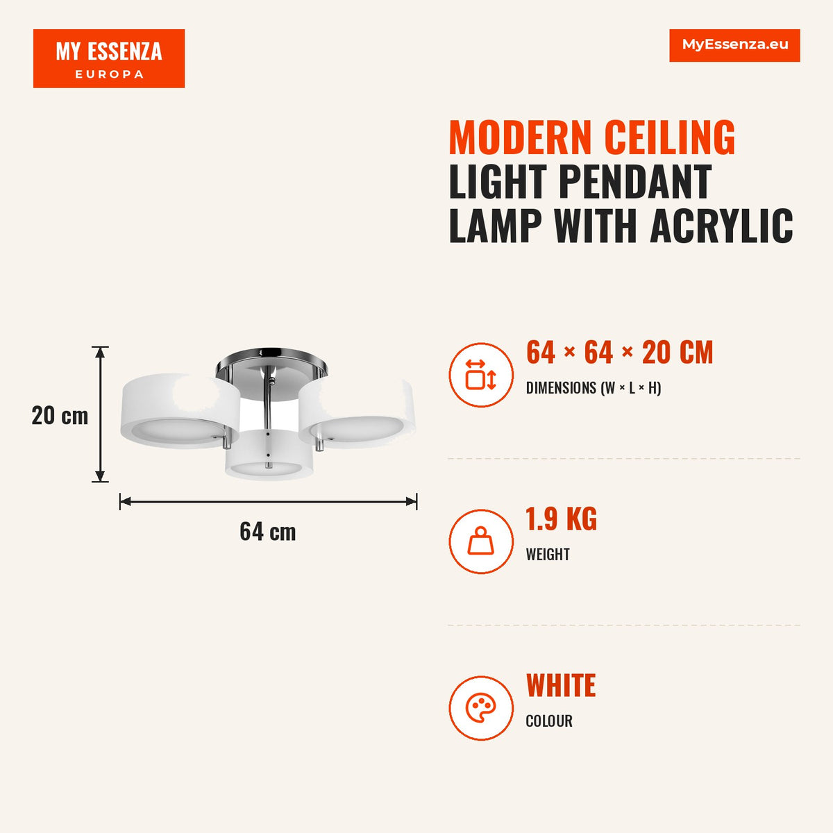 Candeeiro de Teto Moderno Candeeiro Suspenso com Ecrã em Acrílico e Suporte para Lâmpada E27 Candeeiro para Sala de Estar Dormitório Sala de Jantar Ø6 — Infografia | Infographic — dimensions
