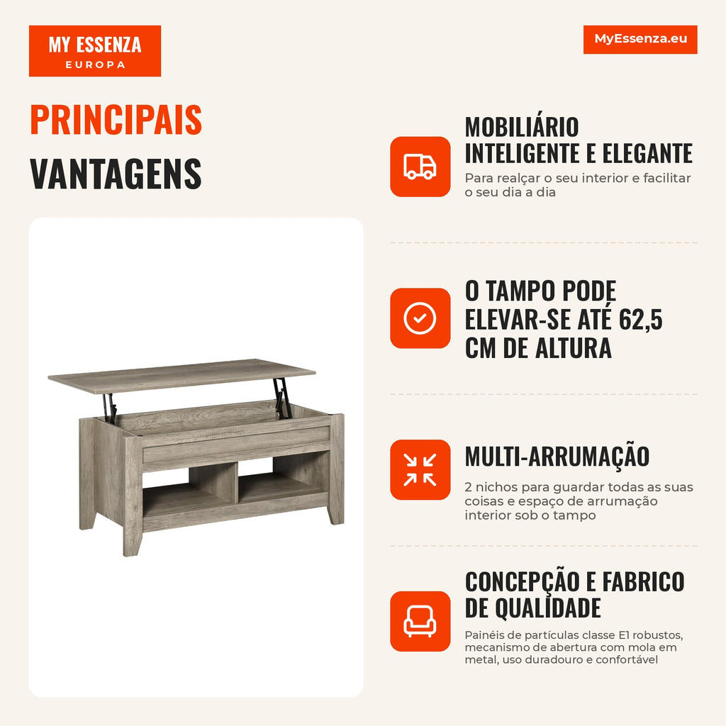 Mesa de Centro com Tampo Elevável Mesa de Sala com Prateleiras e Compartimento Oculto 105x50x49-62,5 cm Carvalho Claro — infografia 1