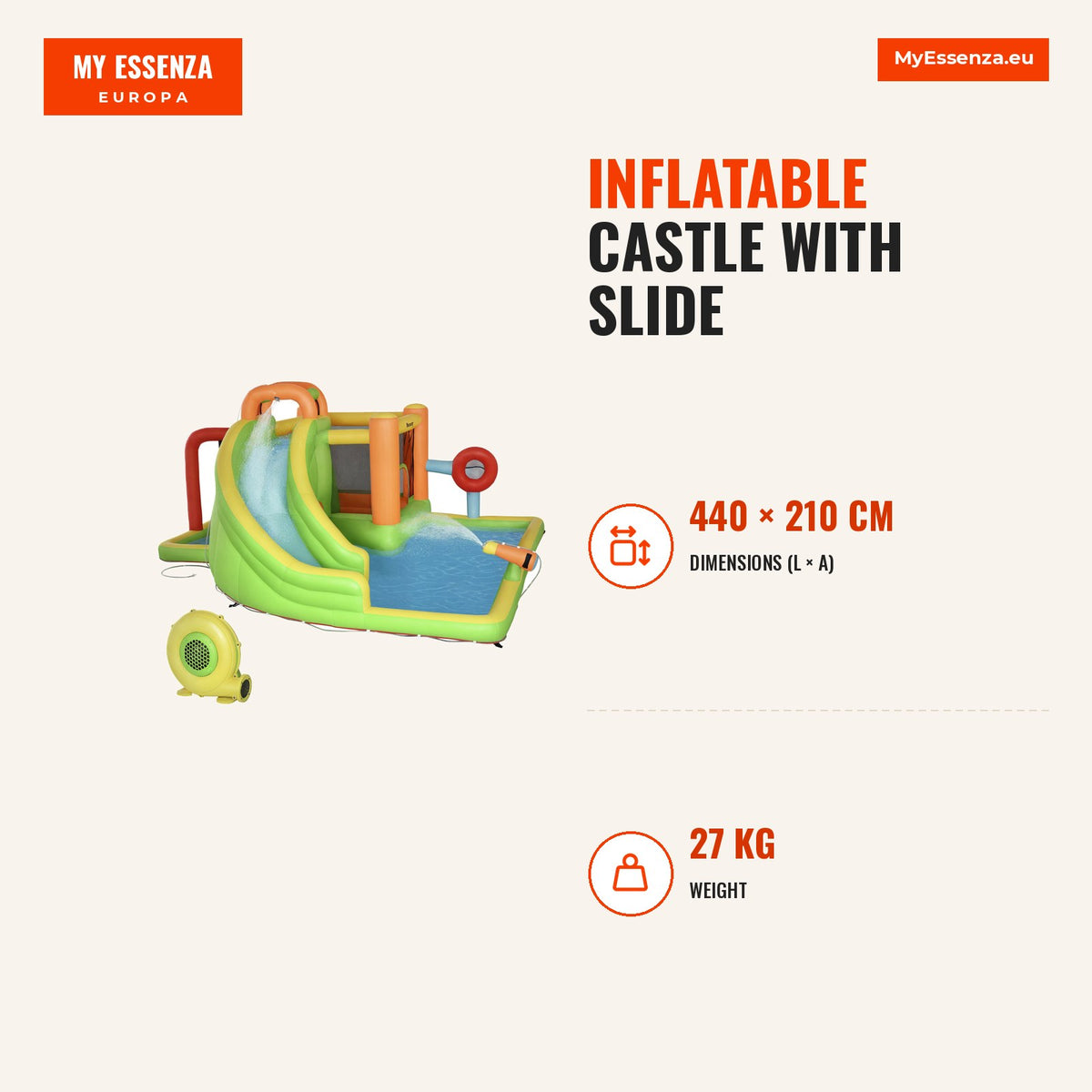 Castelo Insuflável com Escorrega Poste de Boxe e Túnel Castelo Insuflável para Crianças de 3-8 Anos com Insuflador e Bolsa de Transporte 478x440x210cm — Infografia | Infographic — dimensions