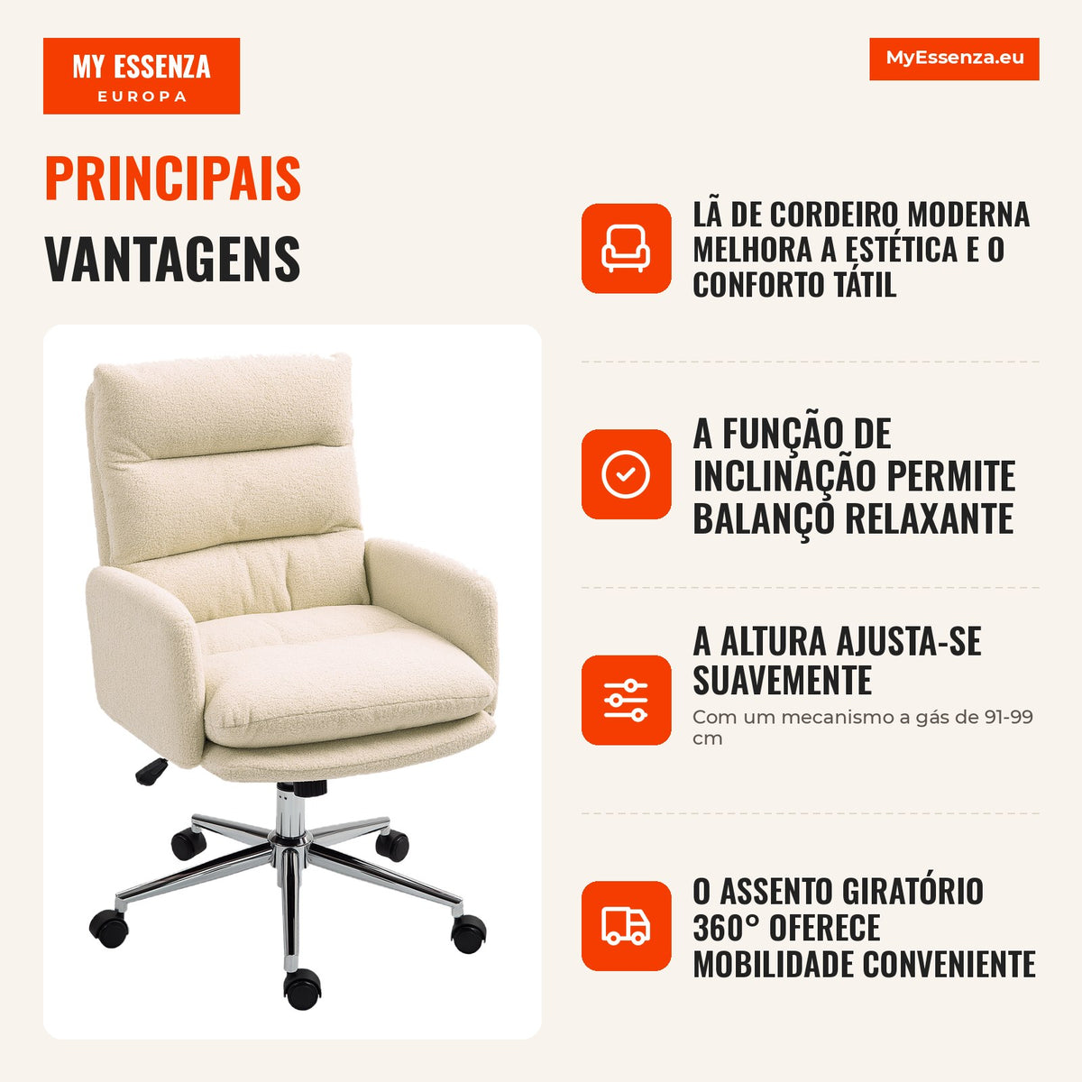 Cadeira de Escritório, Cadeira Estofada para Secretária, Função de Inclinação, Giratória, com Rodízios, Creme Branco — infografia 1