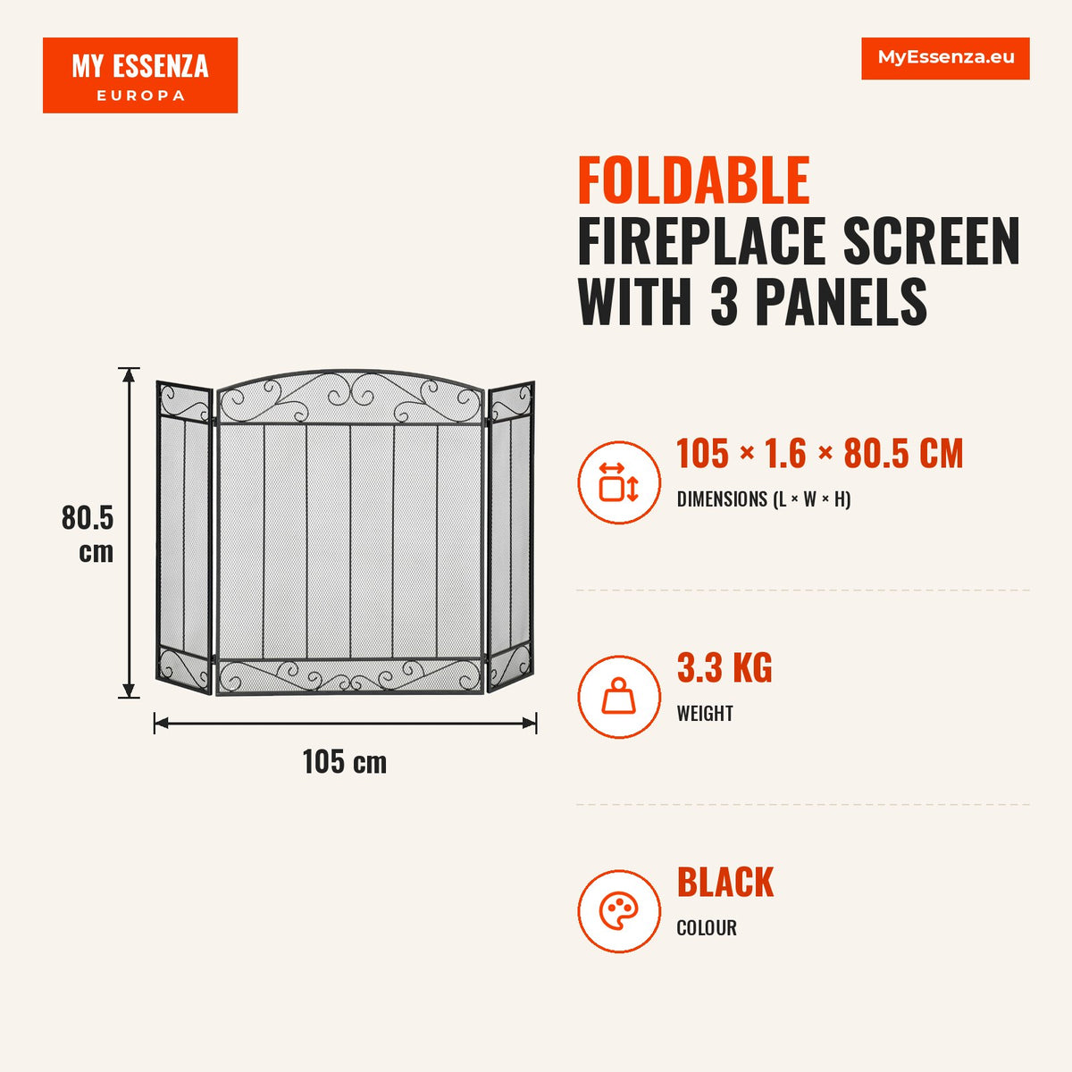 Frente de Lareira Dobrável Frente para Lareira com 3 Painéis Dobradiças Estrutura de Metal e Arame Decorativo 105x80,5cm Preto — Infografia | Infographic — dimensions