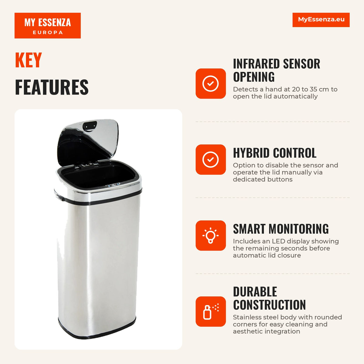 Balde de Lixo Inteligente de Aço Inoxidável 68L com Sensor Infravermelho de Abertura Automática e Contato Manual para Cozinha Dormitório Casa de banho — Infografia | Infographic — dimensions