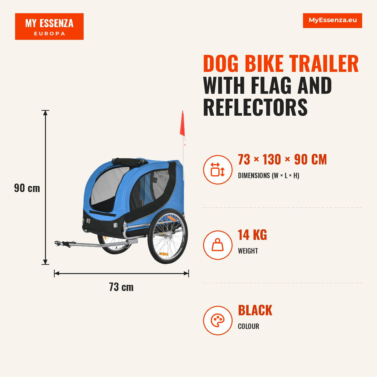 Reboque de Bicicleta para Cães Reboque de Bicicleta para Animais de Estimação com 1 Bandeira e Reflectores 130x73x90cm Azul e Preto — Infografia | Infographic — dimensions