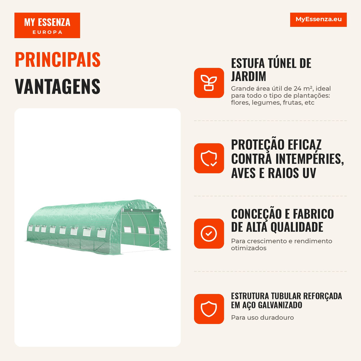 Estufa Túnel 8x3x2 m 24 m² 16 Janelas Porta com Zíper Aço Galvanizado Lona Pe Verde — infografia 1