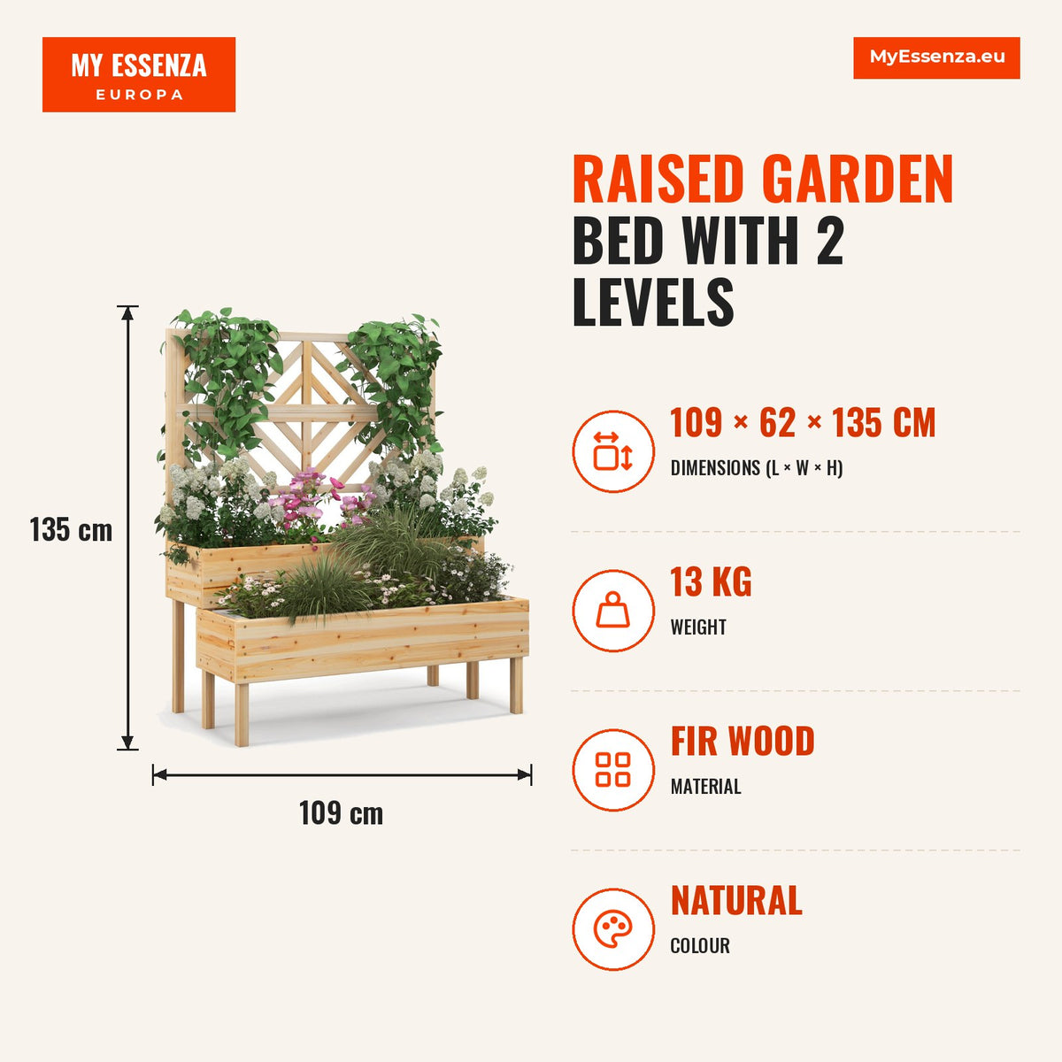 Jardim Elevado com 2 Níveis e Treliça em Madeira de Abeto Natural 109 x 62 x 135 cm — Infografia | Infographic — dimensions