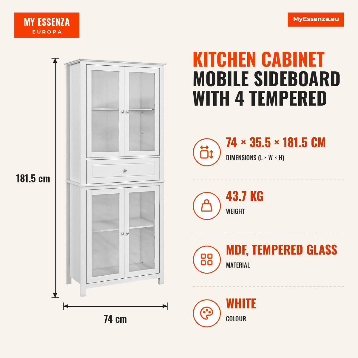 Armário de Cozinha Móvel Auxiliar com 4 Portas de Vidro Temperado Gaveta e Prateleiras Ajustáveis para Sala de Estar Sala de Jantar 74x35,5x181,5 cm B — Infografia | Infographic — dimensions