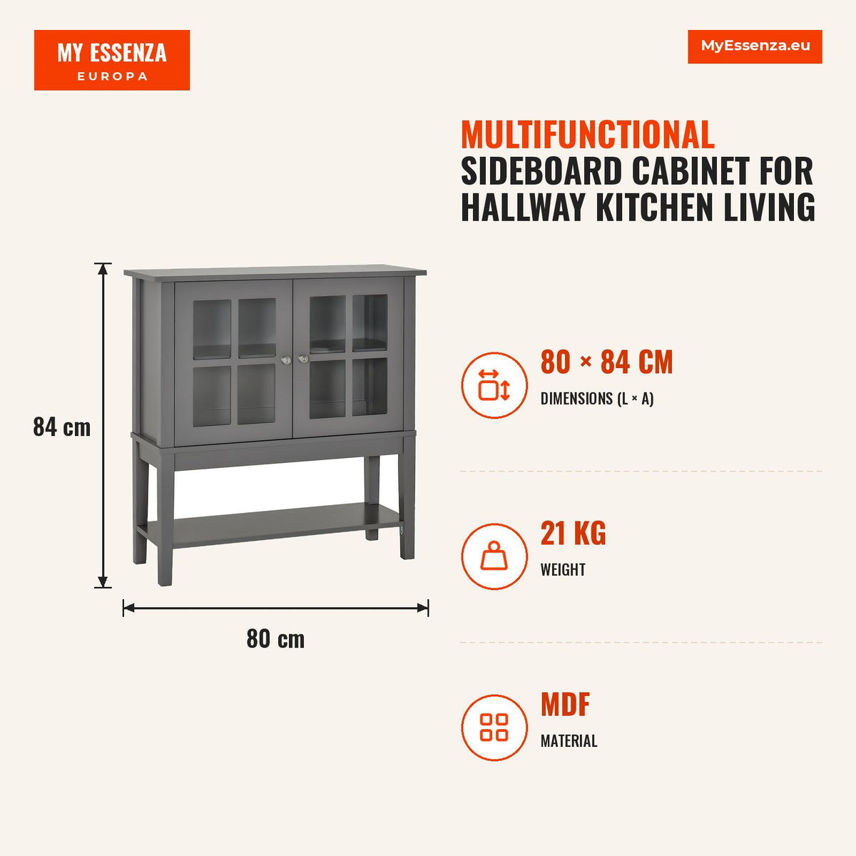 Aparador Vitrina Multifuncional para Entrada Cozinha Salas de Estar Aparador com Prateleiras 2 Portas e Anti-Tombo 80x28x84cm Cinza — Infografia | Infographic — dimensions
