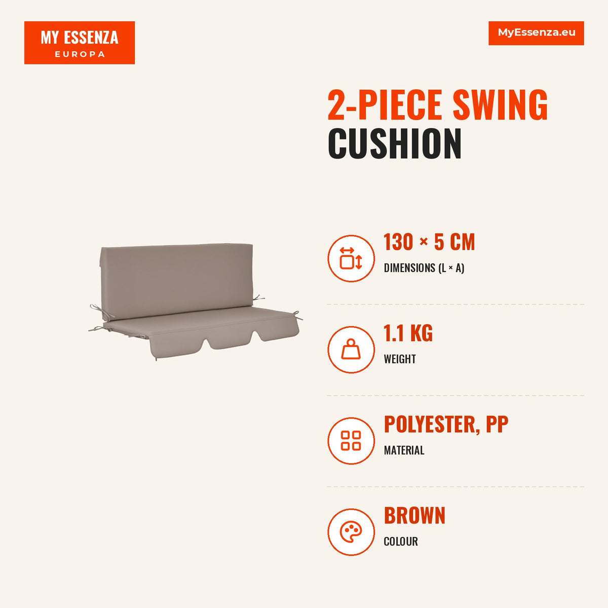 Almofada para Baloiço de 2 Peças 130x45x5 cm Almofada para Baloiço de Assento e Encosto Acolchoado para Jardim Varanda Exterior Marrom — Infografia | Infographic — dimensions