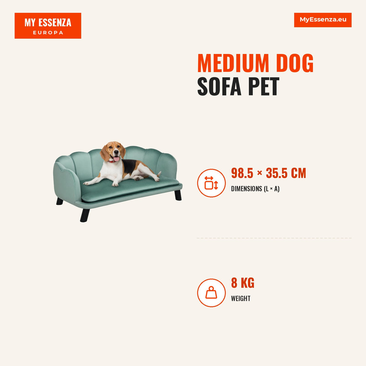 Sofá para Cães Médios Sofá Cama para Animais de Estimação Estofado em Veludo com Pés de Madeira Carga Máxima 25 kg 98,5x60,5x35,5 cm Verde — Infografia | Infographic — dimensions