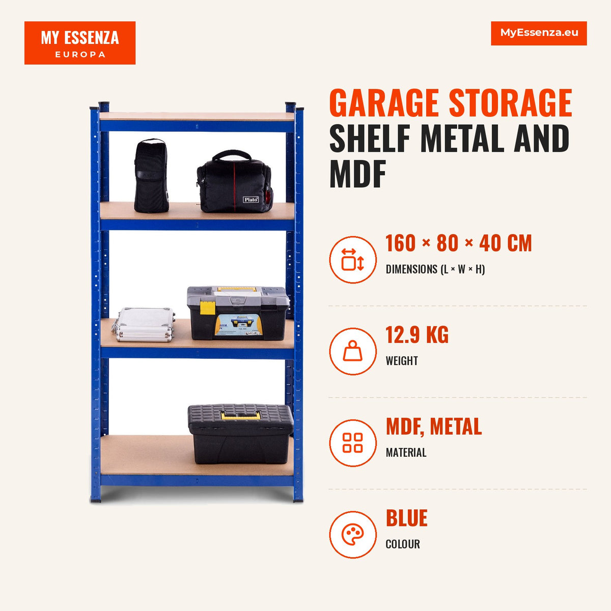 Estante de Armazenamento para Garagem Ferro e MDF 4 Prateleiras Ajustáveis 720 kg — Infografia | Infographic — dimensions
