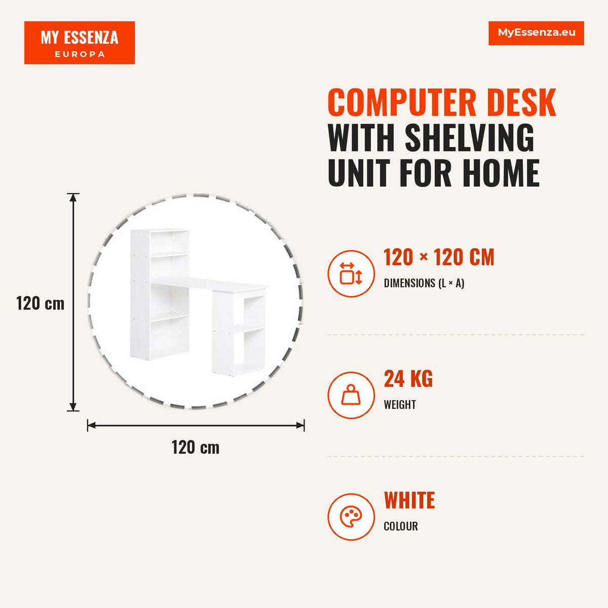 Secretária para Computador com Estante de Prateleiras para Casa Escritório Mobiliário de Escritório 120x55x120 cm — Infografia | Infographic — dimensions