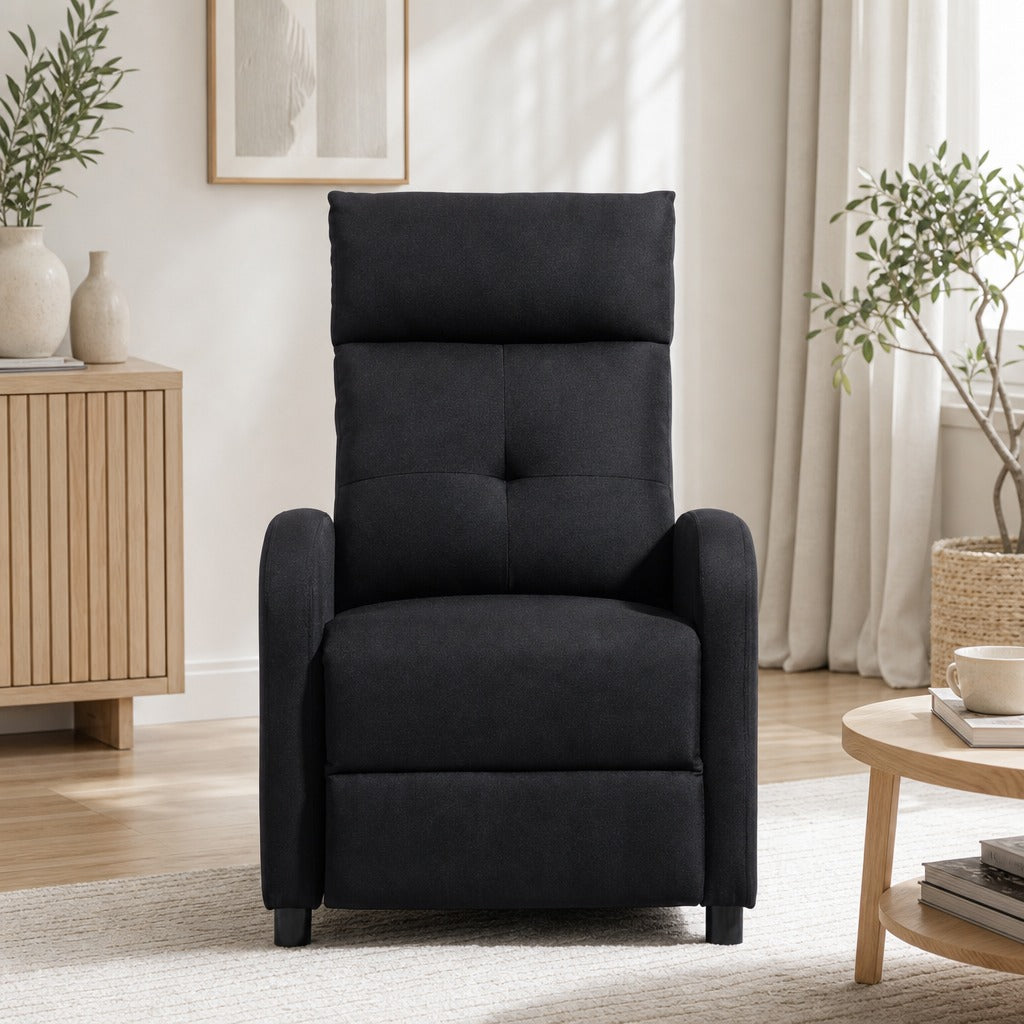 Poltrona Relax Reclinável até 155° Poltrona Reclinável Manual Estofado em Tecido Carga Máxima 150 kg para Pessoas com Altura Inferior 195 cm 67x87x98 cm Preto — Ambiente | Lifestyle