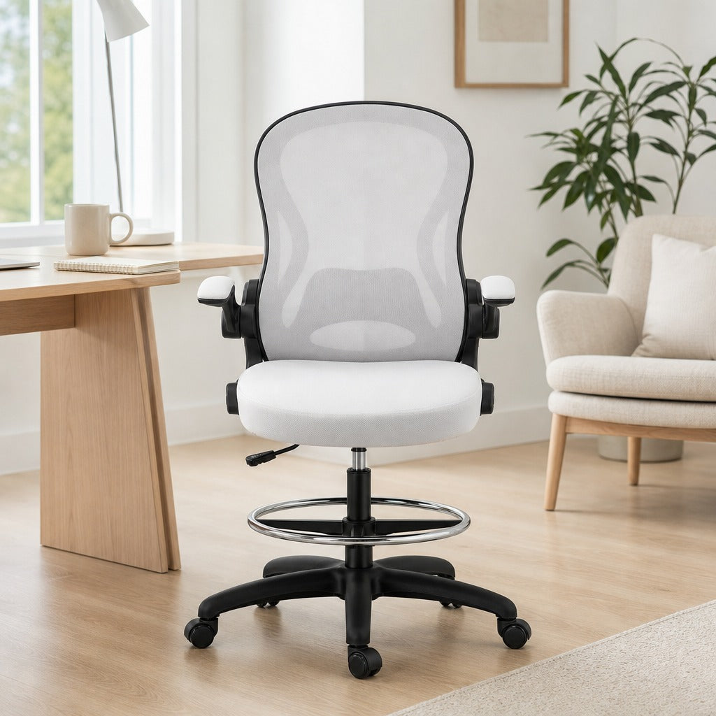 Cadeira de Escritório com Encosto Médio Suporte Lombar Apoio para os Braços Dobrável e Altura Ajustável Carga Máxima 120kg 59x65x102-122 cm cinza Claro — Ambiente | Lifestyle