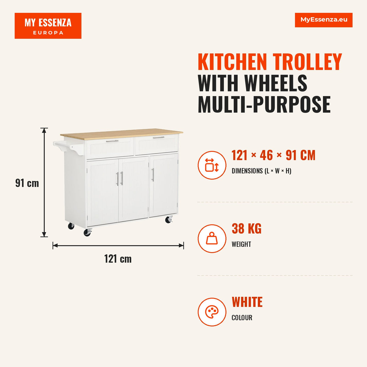 Carrinho de Cozinha com Rodas Carrinho de Cozinha Multiuso com 2 Gavetas 3 Portas Prateleiras Ajustáveis e Barra para Sala de Jantar 121x46x91cm Branc — Infografia | Infographic — dimensions