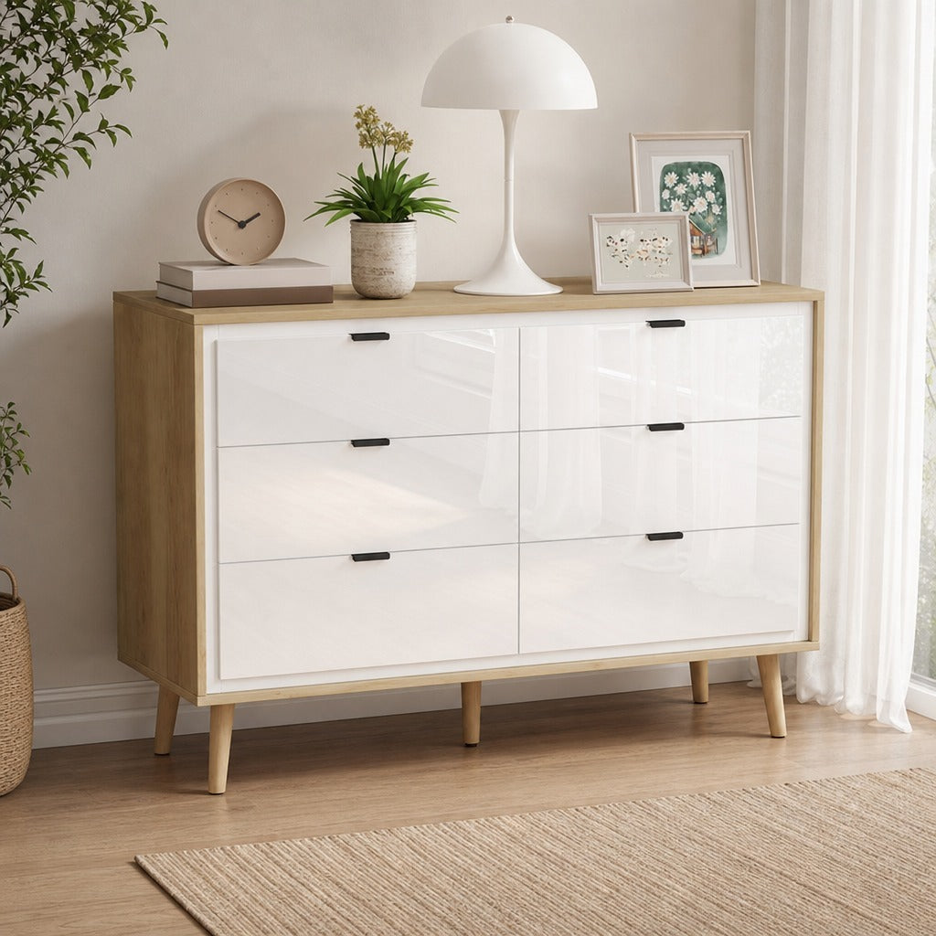 Cómoda 6 Gavetas Cómoda Quarto com Pernas de Madeira Cómoda para Sala Escritório Estilo Moderno 110x40x75 cm Branco Brilhante e Carvalho — Ambiente | Lifestyle