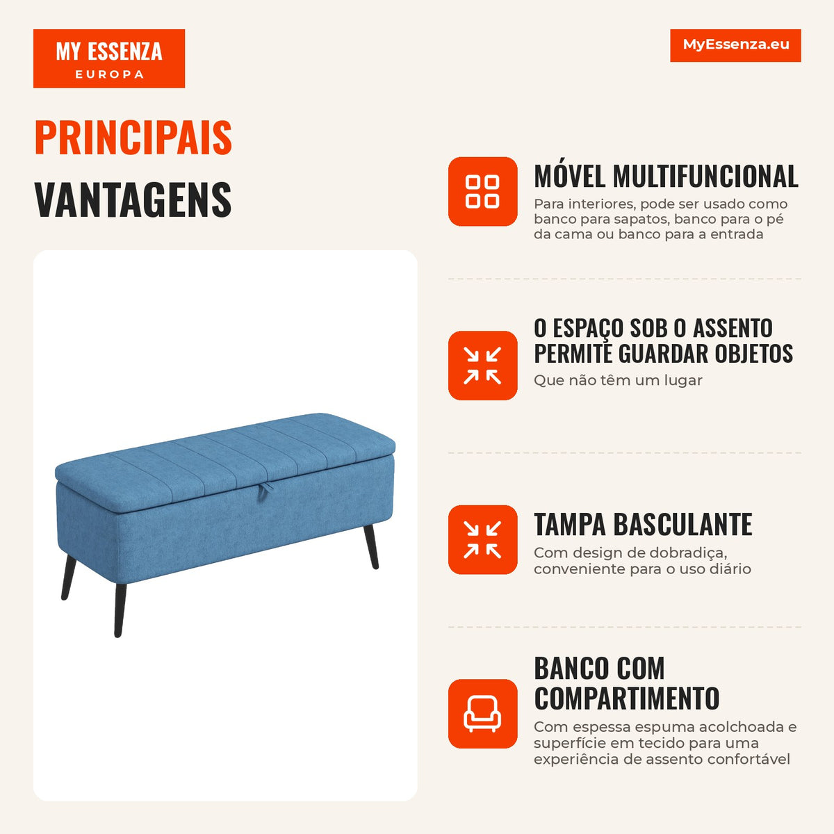 Banco com Compartimento Pufe Acolchoado 102x40x44 cm Azul Escuro — infografia 1