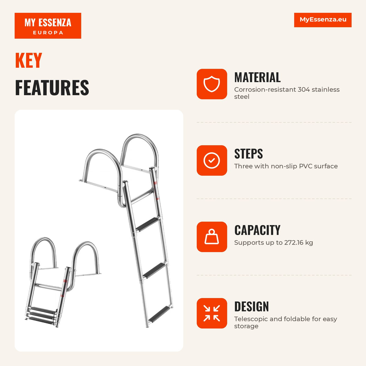 Escada de barco 3 degraus, aço inoxidável, dobrável, antideslizante — Infografia | Infographic — dimensions