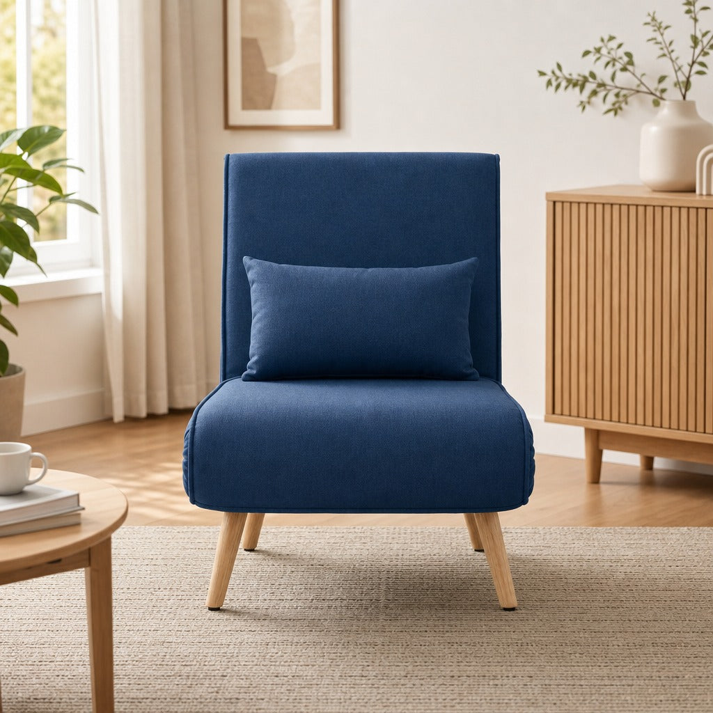 Sofá-Cama Individual Dobrável 3 em 1, Sofá-Cama Estofado em Linho, com Encosto Ajustável em 5 Posições, 1 Almofada, para Quarto, Sala, Azul Escuro — Ambiente | Lifestyle