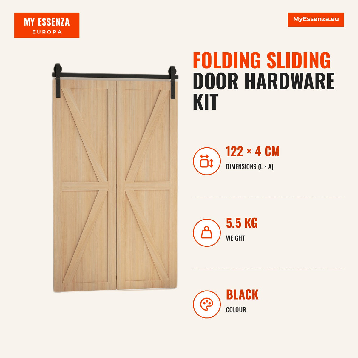 4FT / 122CM Kit de ferragens para porta deslizante dobrável para 2 portas com trilho para celeiro preto — Infografia | Infographic — dimensions