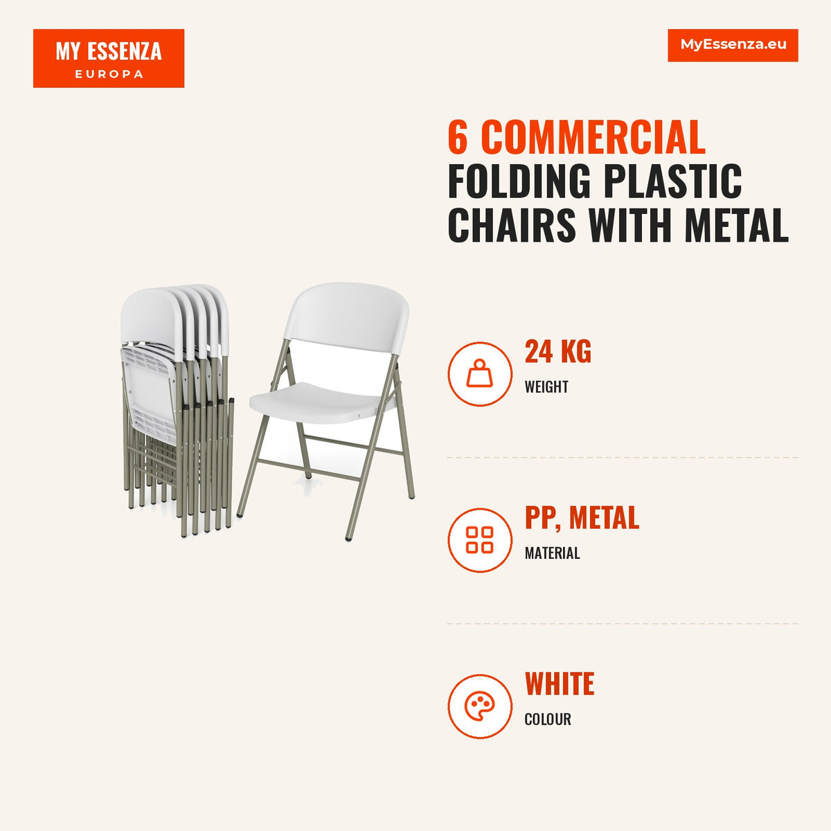 6 Cadeiras Dobráveis Plástico Comerciais com Encosto Estrutura Metálica Branco — Infografia | Infographic — dimensions