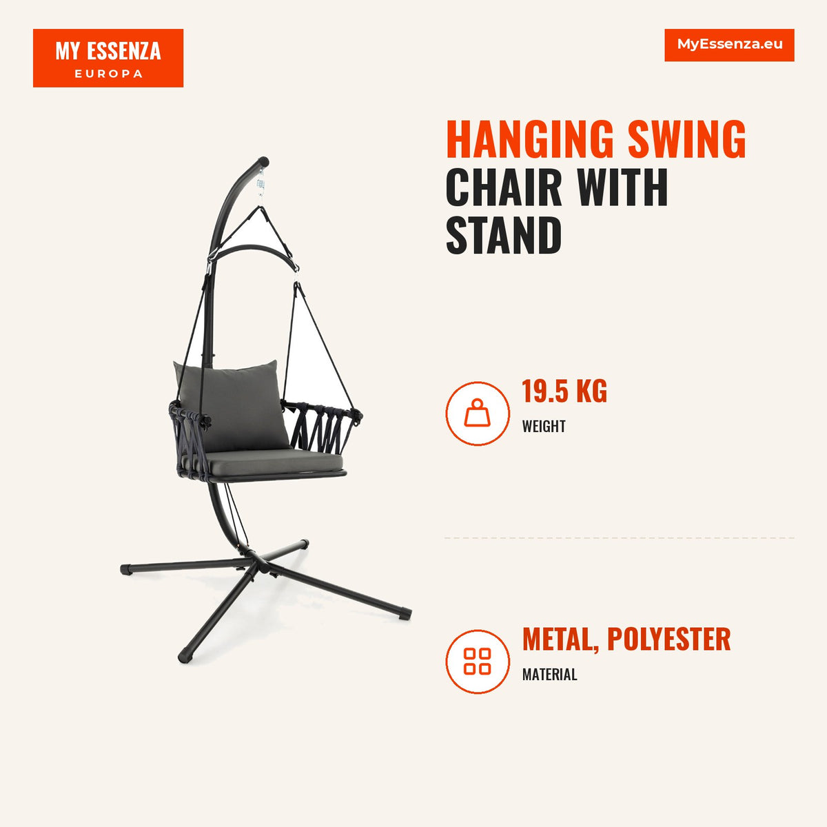 Cadeira de Balanço Suspensa com Suporte - Estrutura Metal Inox e Almofadas Confortáveis - Cinza — Infografia | Infographic — dimensions