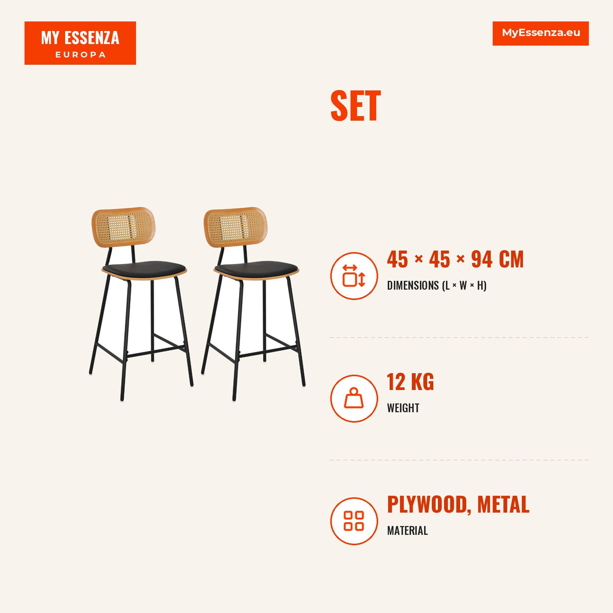 Conjunto de 2 Taburetes de Bar em Ratão com Encosto e Pernas de Metal 45x45x94cm — Infografia | Infographic — dimensions