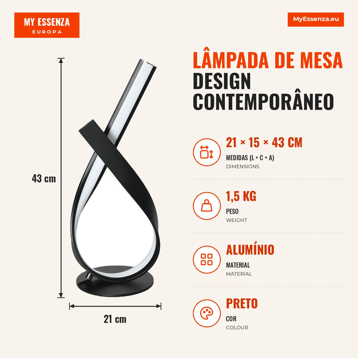 Lâmpada de Mesa Design Contemporâneo Lâmpada de Mesa Design Espiral 21x15x43 cm Alum. Preto Led Branco Quente — infografia 1