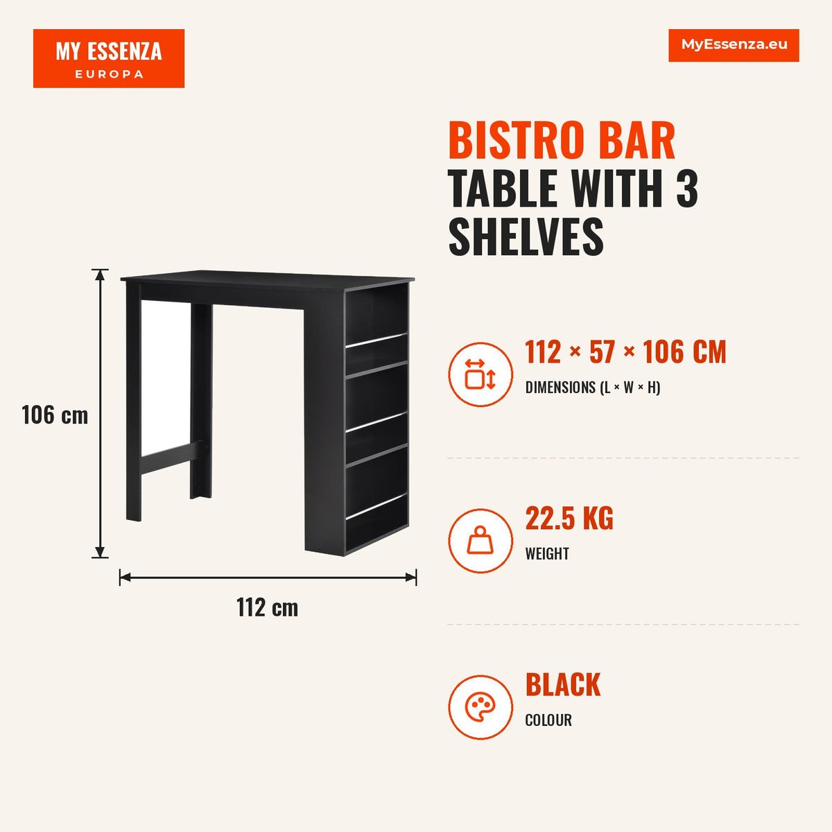 Mesa de Bar de Bistrô com 3 Prateleiras com Suporte Estilo Moderno para Cozinha Sala de Jantar Sala de Estar Estrutura de Melamina 112x57x106cm Preto — Infografia | Infographic — dimensions