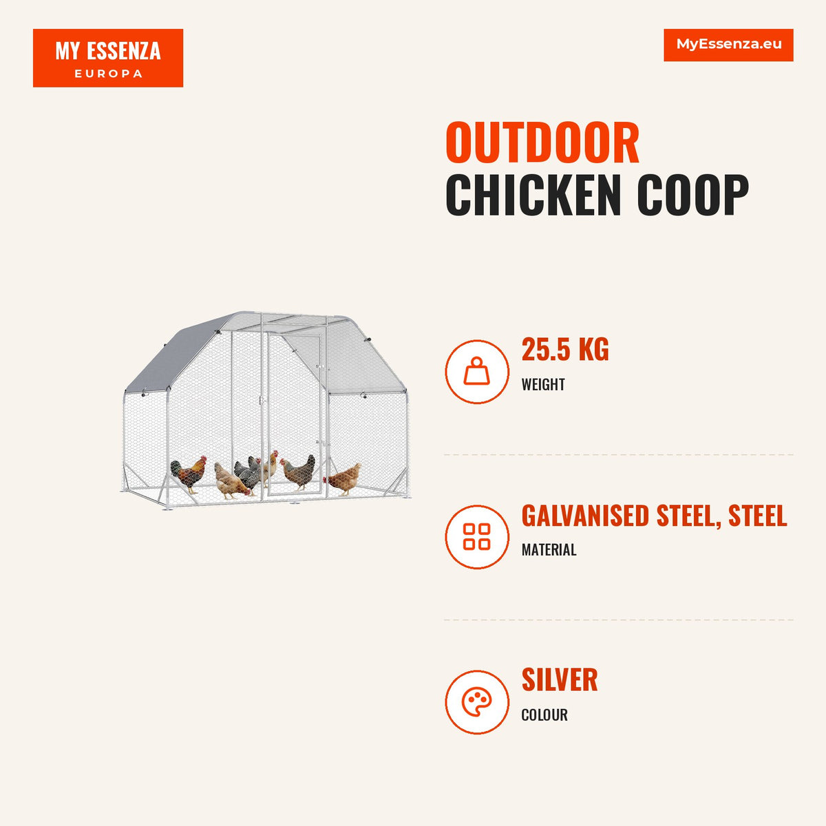 Galinheiro de Exterior, 2,8x1,9x1,95 m, Estrutura de Aço Galvanizado, Cobertura de Tecido Oxford Anti-UV e Impermeável, Capacidade para 4-6 Galinhas e — Infografia | Infographic — dimensions