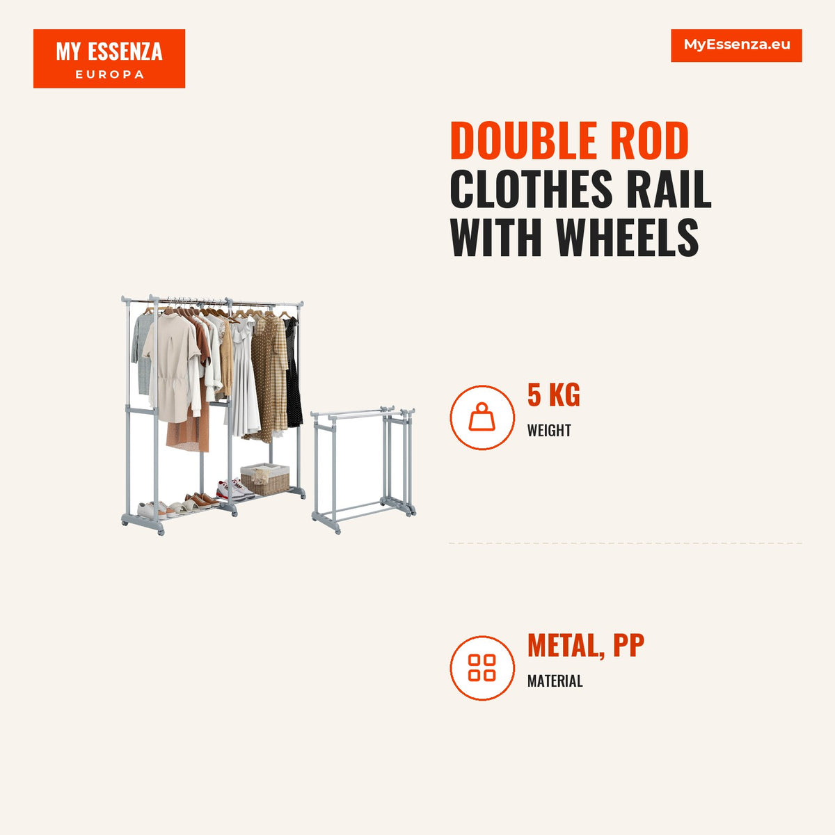 Cabide de Dupla Barra com Rodas Altura Ajustável e Largura Extensível em Metal Resistente Cinzento — Infografia | Infographic — dimensions