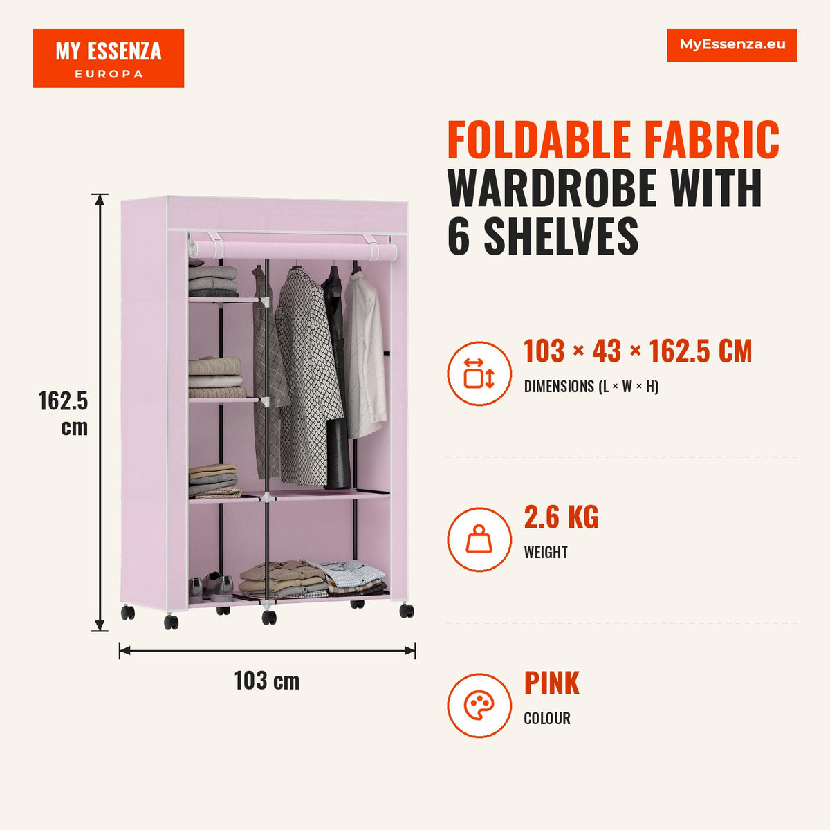 Roupeiro de Tecido Dobrável Armário de Roupa Portátil com 6 Prateleiras 1 Barra de Pendurar e Rodas para Dormitório Vestidor 103x43x162,5 cm Rosa — Infografia | Infographic — dimensions