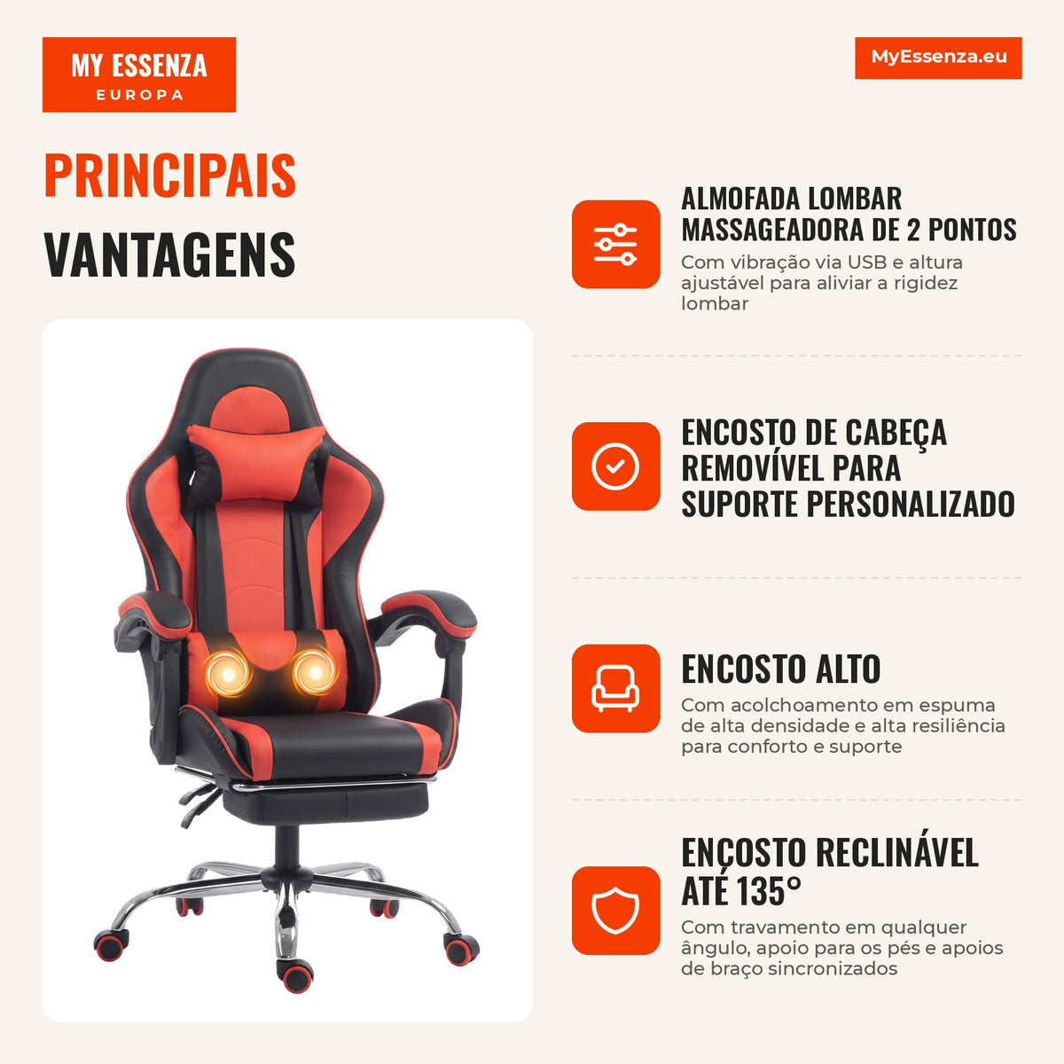 Cadeira Gamer Ergonômica Massageadora com Almofada Lombar Ajustável, Couro Sintético, Apoio para Pés, Vermelha — infografia 1