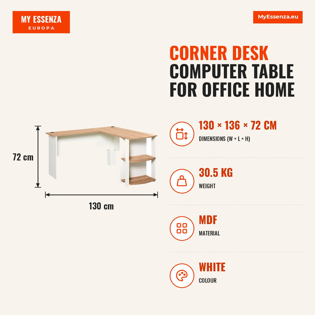 Secretária de Canto Mesa de Computador para Escritório Casa em Forma de L com Prateleiras 136x130x72 cm Branco e Madeira — Infografia | Infographic — dimensions