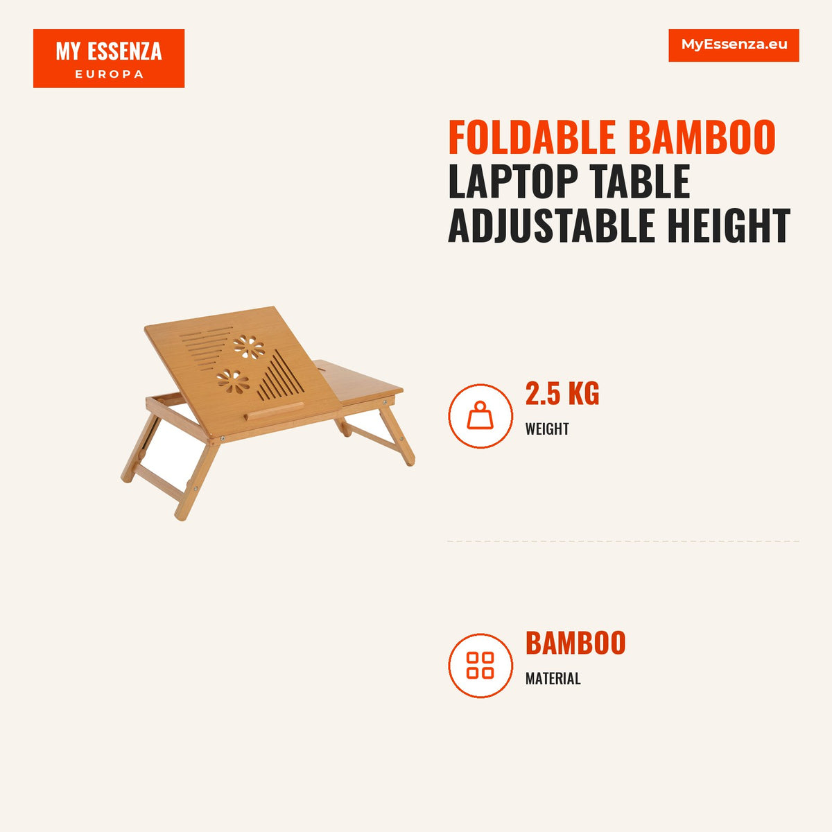 Mesa para computador portátil Bambu dobravel Altura ajustável 1 gaveta 55x35x22-30cm — Infografia | Infographic — dimensions