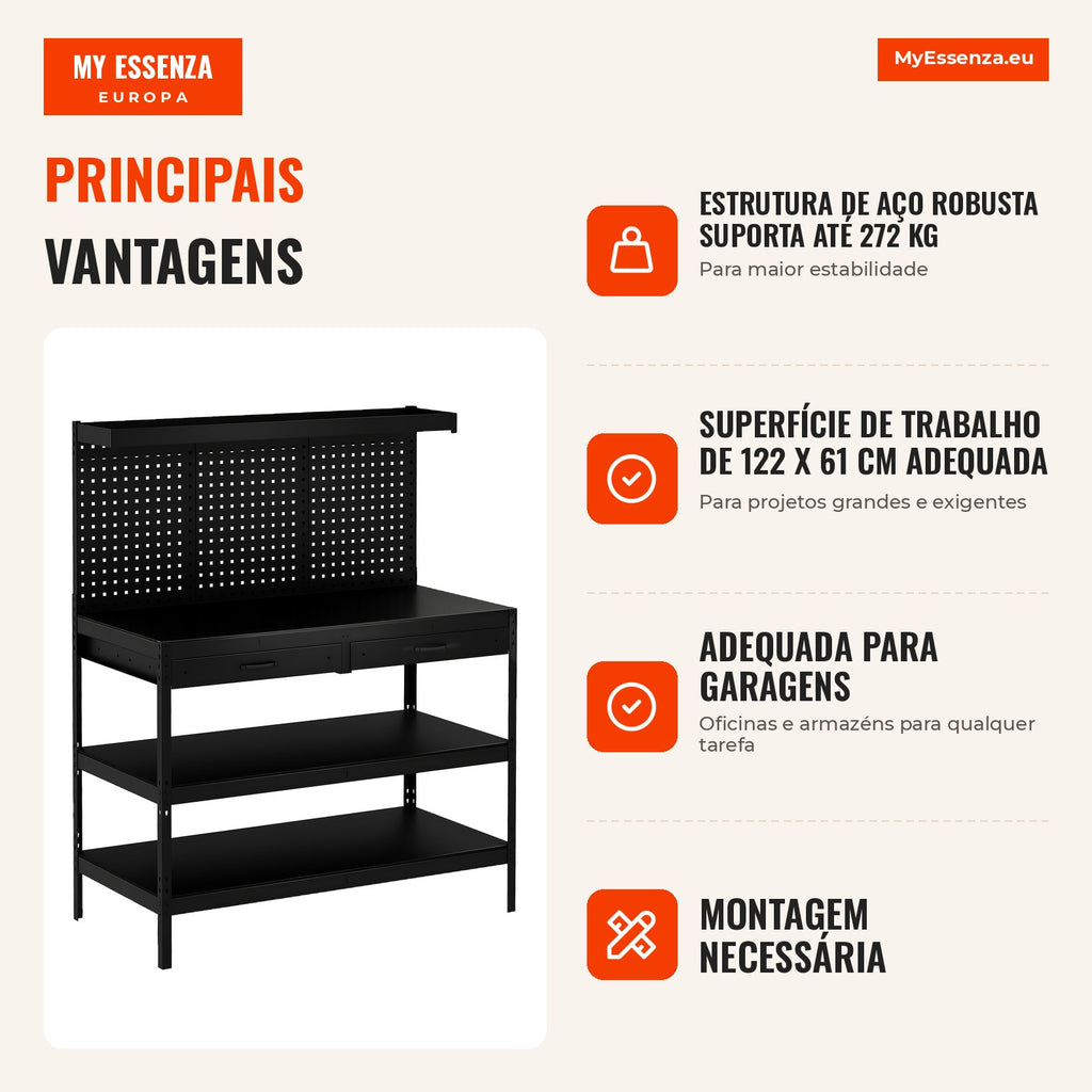 Bancada com Prateleiras Ajustáveis Estação de Trabalho Robusta com Painel Perfurado e 2 Gavetas 122x61x156 cm Preto — infografia 1