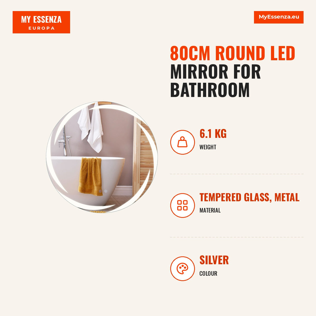 Espelho LED Redondo 80cm para Casa de Banho com Luz Regulável e Antiembaciamento Prateado — Infografia | Infographic — dimensions