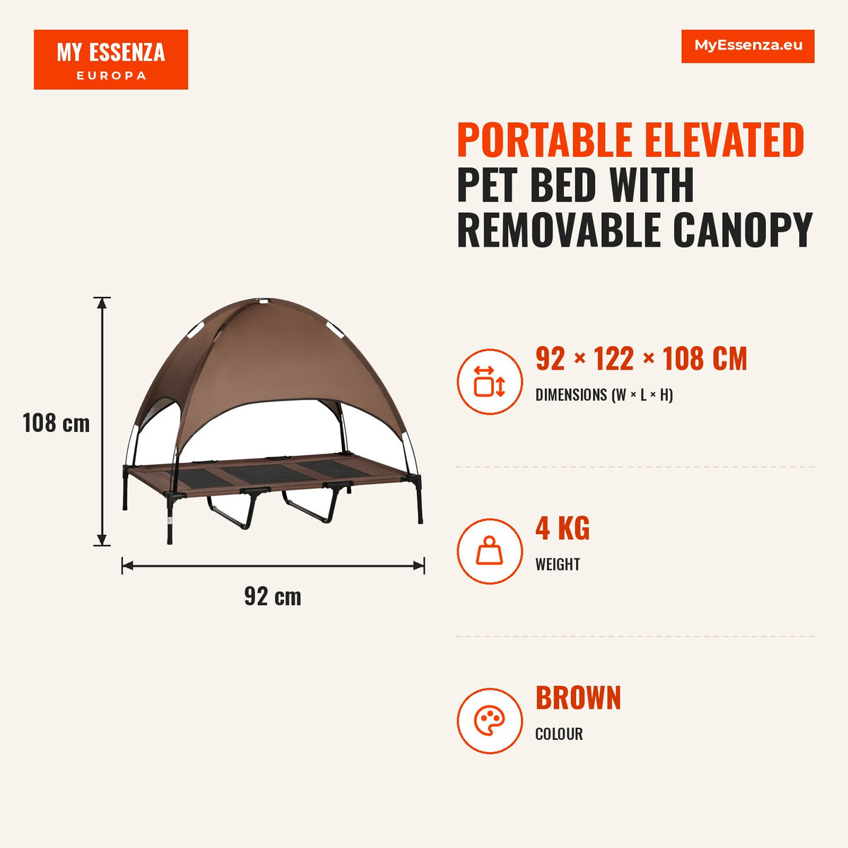 Cama Elevada para Animais de Estimação Portátil com Toldo Amovível Tecido Respirável para Interior e Exterior 122x92x108cm Marrom — Infografia | Infographic — dimensions