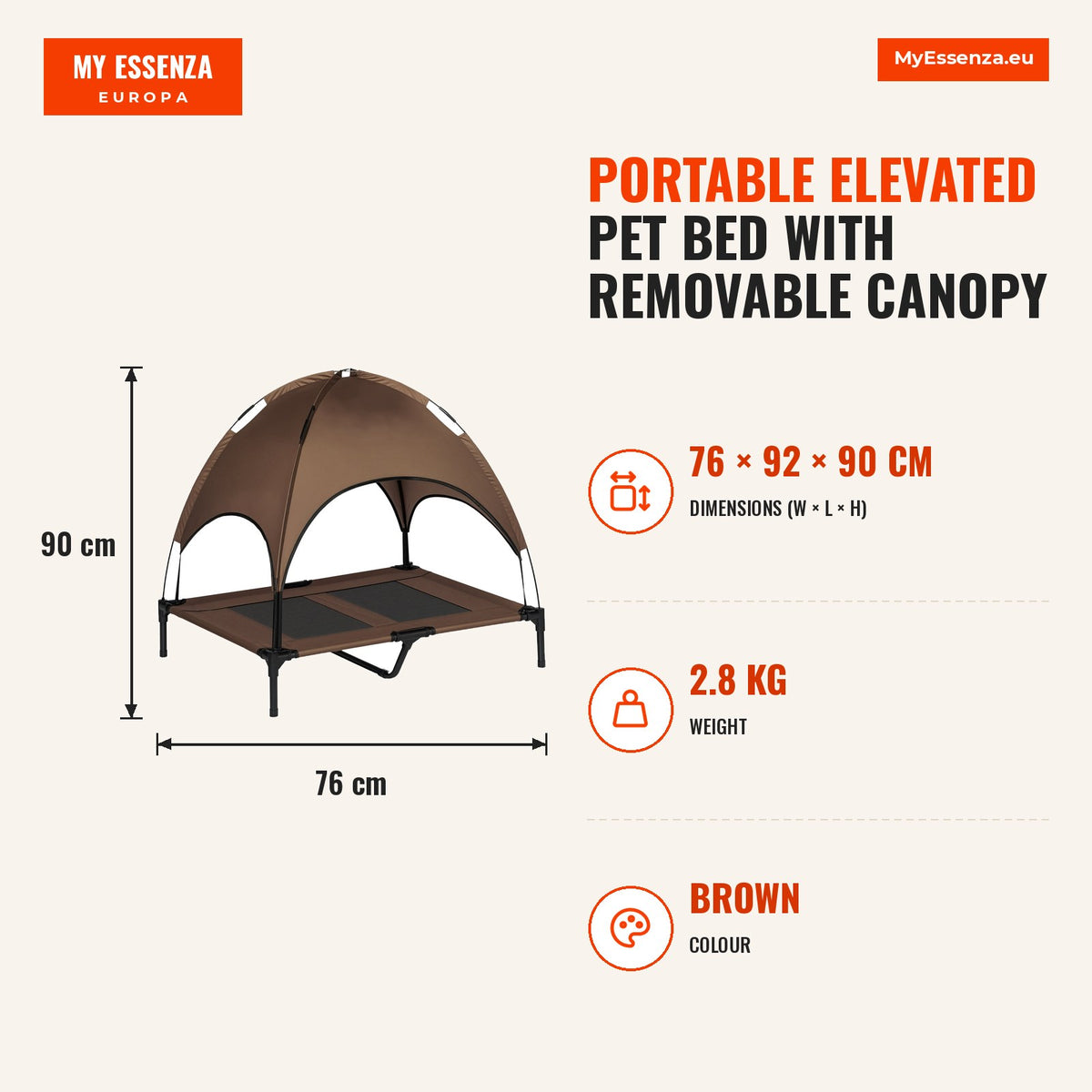 Cama Elevada para Animais de Estimação Portátil com Toldo Amovível Tecido Respirável para Interior e Exterior 92x76x90cm Marrom — Infografia | Infographic — dimensions