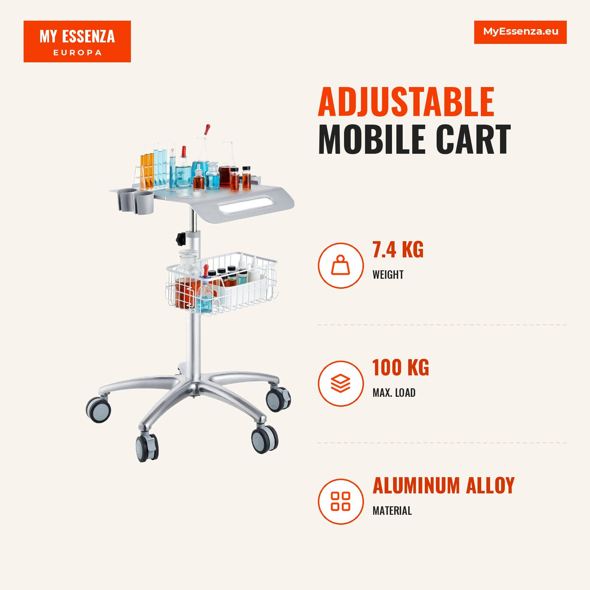 Carrinho móvel salão ajustável 680-1090mm metal rodas — Infografia | Infographic — dimensions