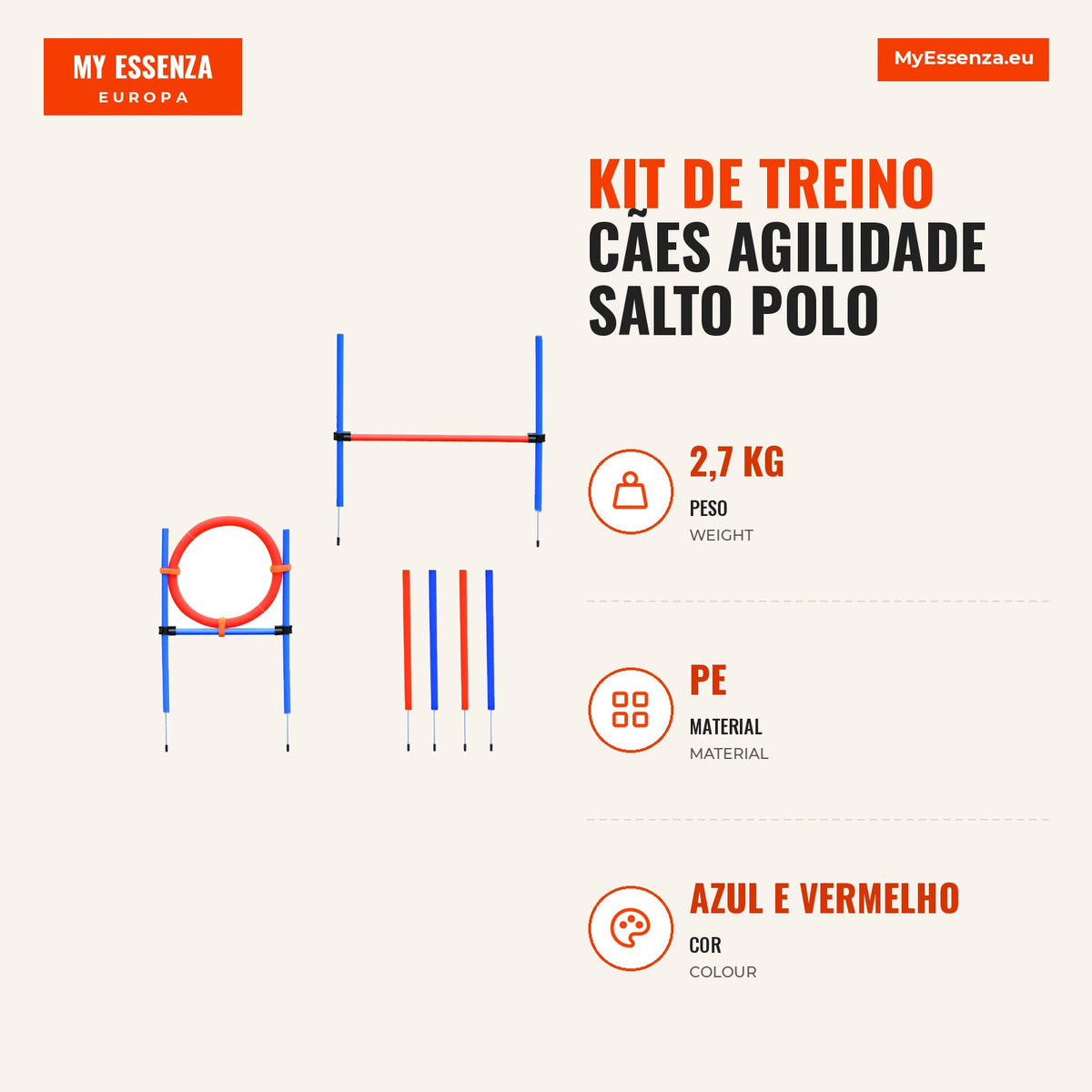 Kit de Treino Cães Agilidade Salto Polo Túnel Equipamento Azul Vermelho NUE — infografia 1