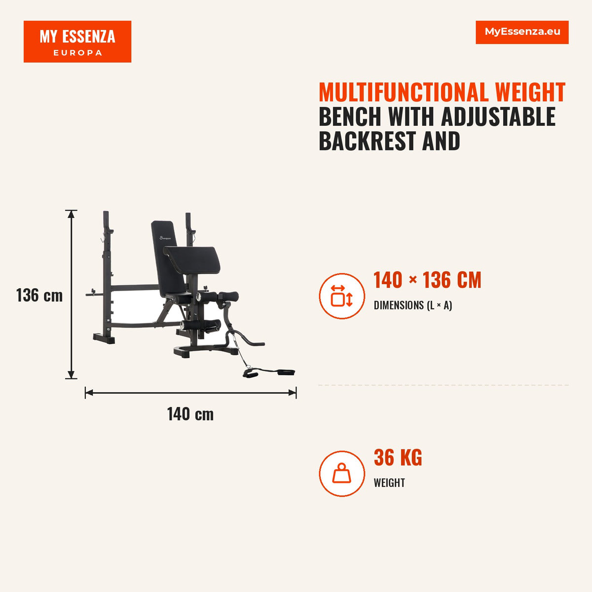 Banco de Musculação Multifuncional Banco de Pesos com Encosto Inclinável e Suporte de Barras com Altura Ajustável para Treinamento do Corpo Completo 1 — Infografia | Infographic — dimensions