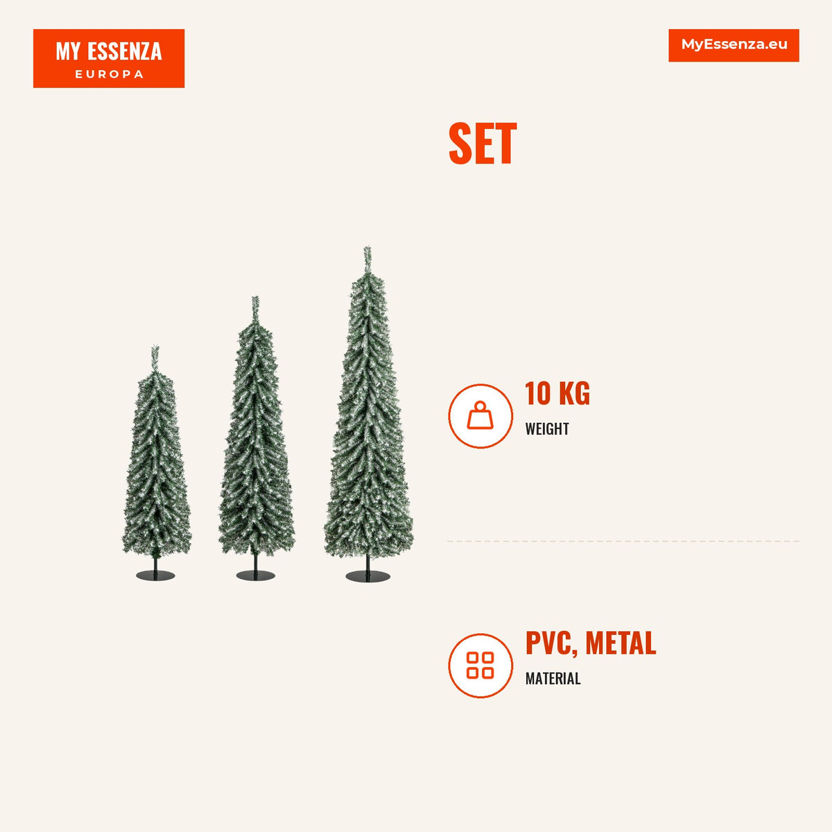 Conjunto 3 Árvores Natal Artificiais 120/150/180cm com Neve e 100/120/180 Luzes LED - Tipo Lápis — Infografia | Infographic — dimensions