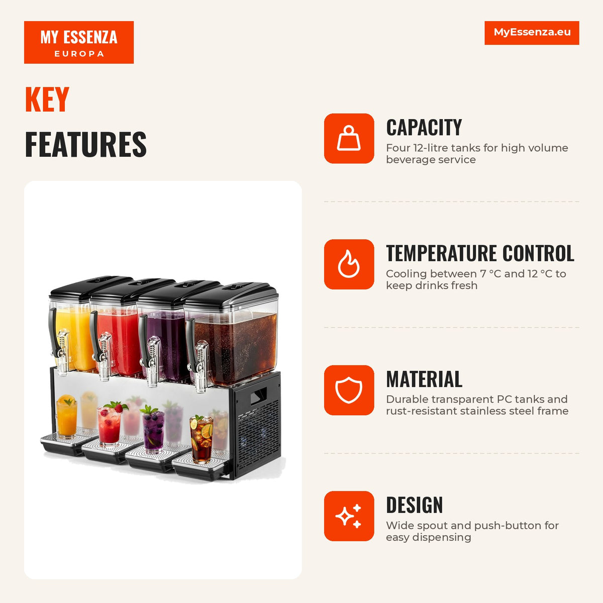 Dispensador de bebidas 4 tanques 12 L cada, aço inoxidável, refrigeração 7-12°C — Infografia | Infographic — dimensions
