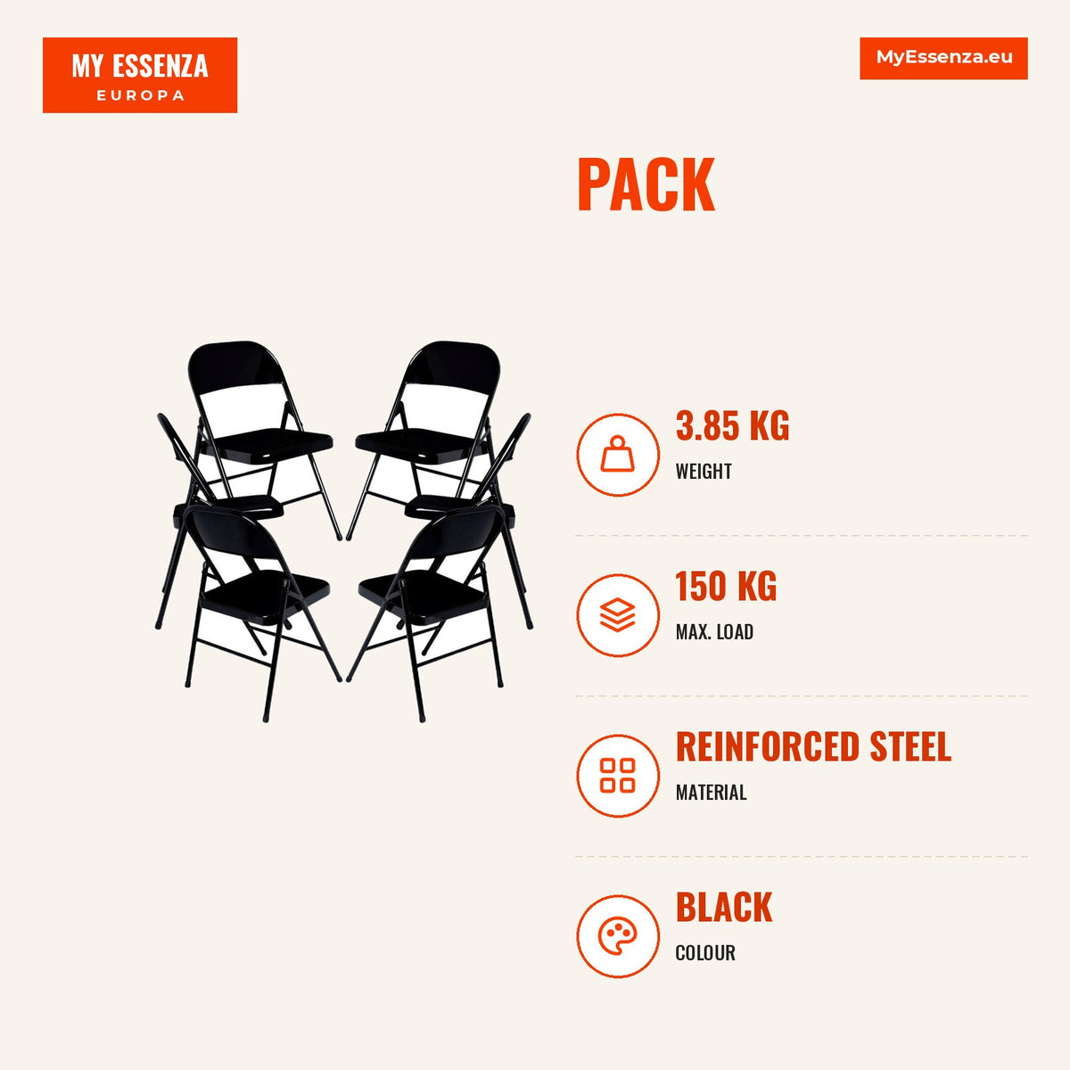 Pack 6 Cadeiras dobráveis para eventos Lion — Preto — Infografia | Infographic — dimensions