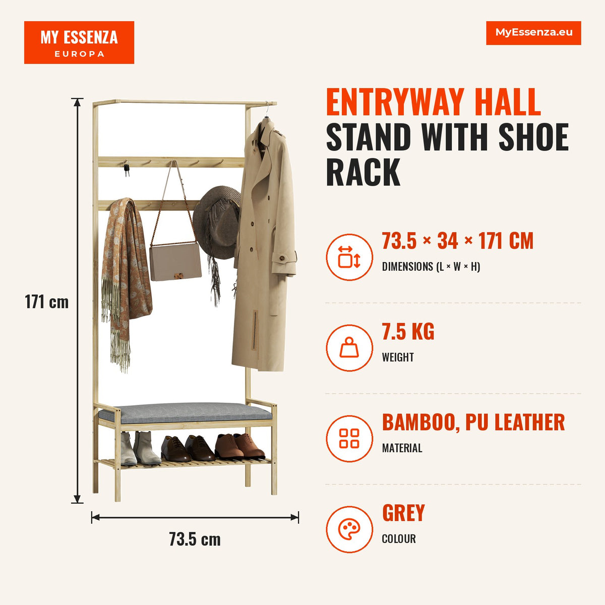 Móvel Cabide de Entrada Móvel de Entrada com Sapateira 10 Ganchos Barra Superior e Compartimento para Corredor Dormitório 73,5x34x171 cm Madeira e Cin — Infografia | Infographic — dimensions