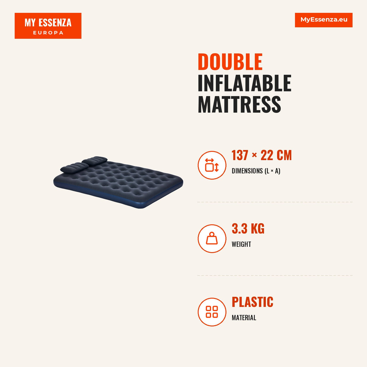 Colchão Insuflável Duplo 191x137x22 cm com Inflador Manual Colchão Insuflável Reforçado com 2 Almofadas Integradas Superfície Flocada para Hospedes Ca — Infografia | Infographic — dimensions