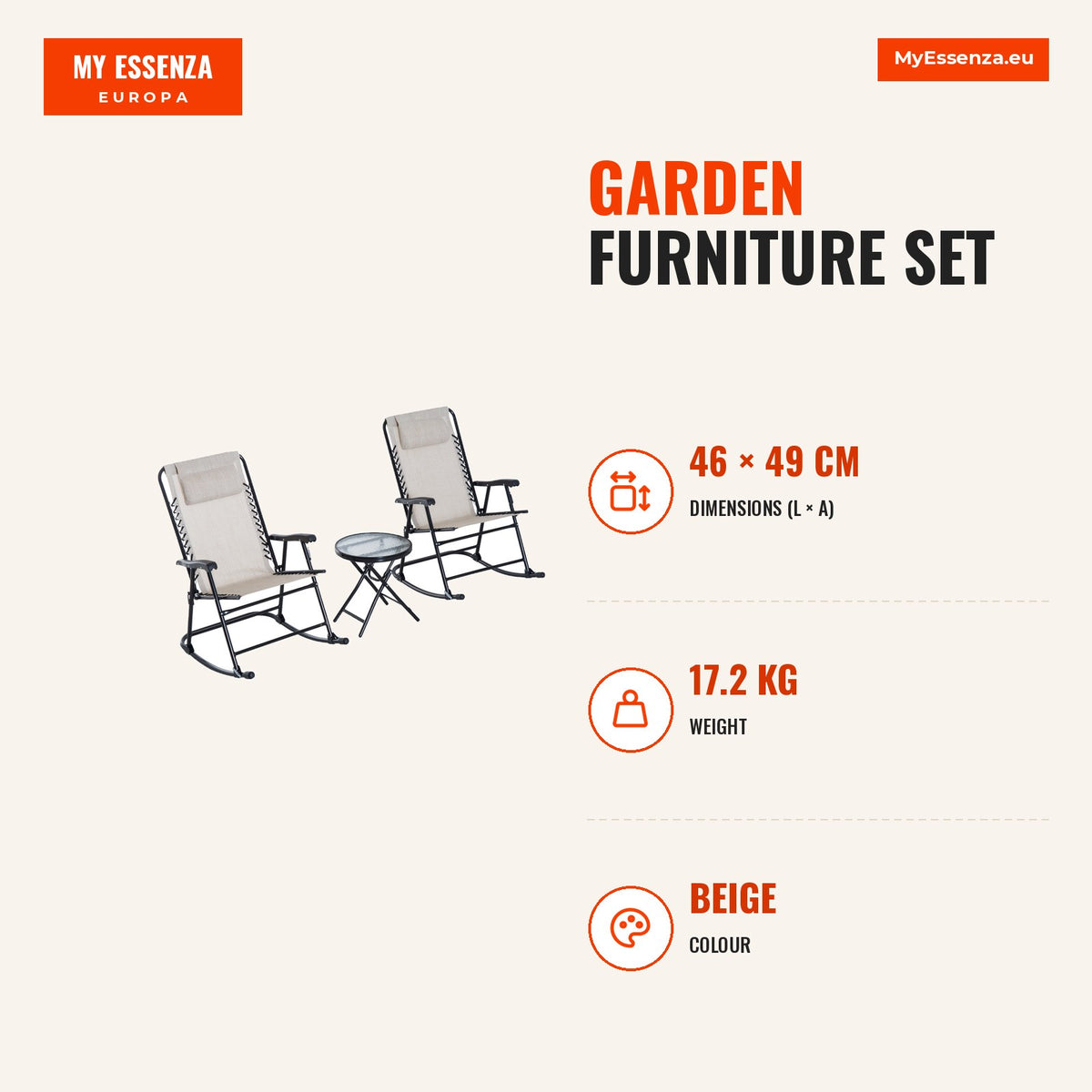 Conjunto de móveis de jardim, mesa redonda Ø46x49 cm e 2 cadeiras de balanço 68x90x106 cm dobrável com fechadura para pátio externo bege — Infografia | Infographic — dimensions