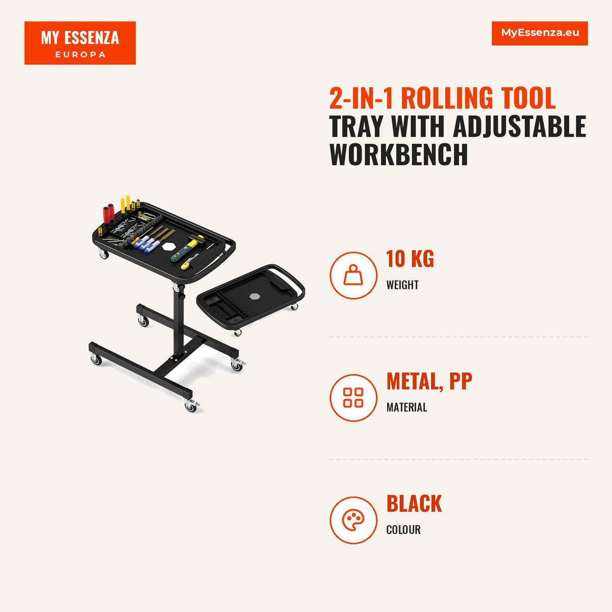 Bandeja de Ferramentas Rodante 2 em 1 com Mesa de Trabalho Ajustável até 123 cm e Capacidade de 60 kg — Infografia | Infographic — dimensions